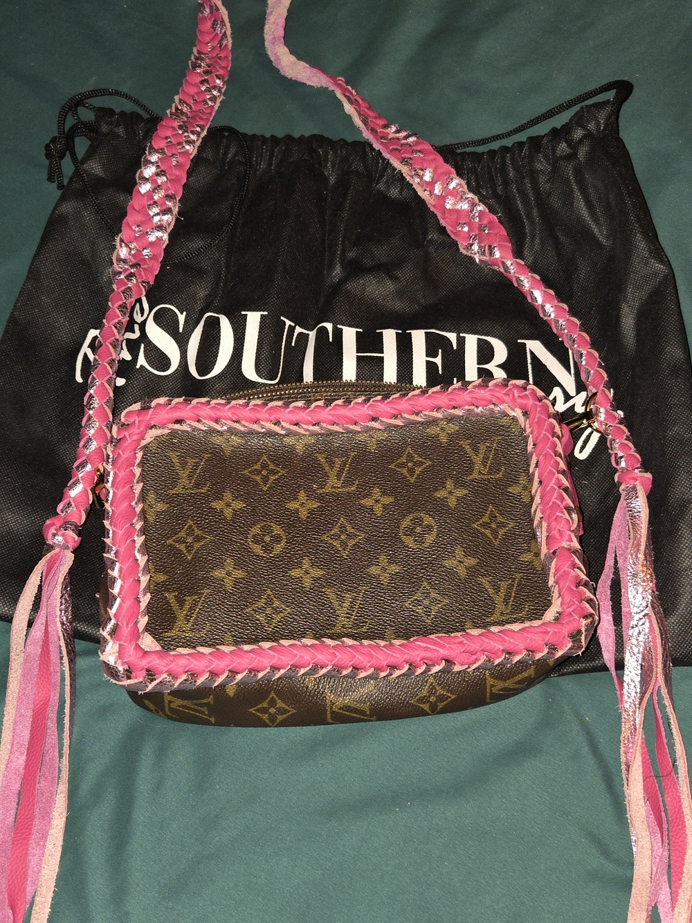 Louis Vuitton Brown Monogram Crossbody/toiletry with Pink Braided Leather Detail